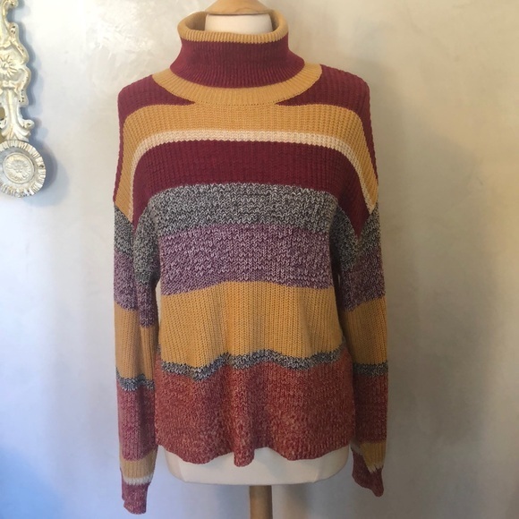 Urban Outfitters multicolor burgundy,gold,cream striped turtleneck Size Medium - Picture 1 of 7